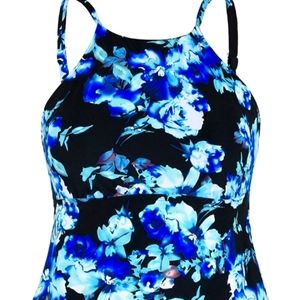 NWOT blue floral black tankini 14